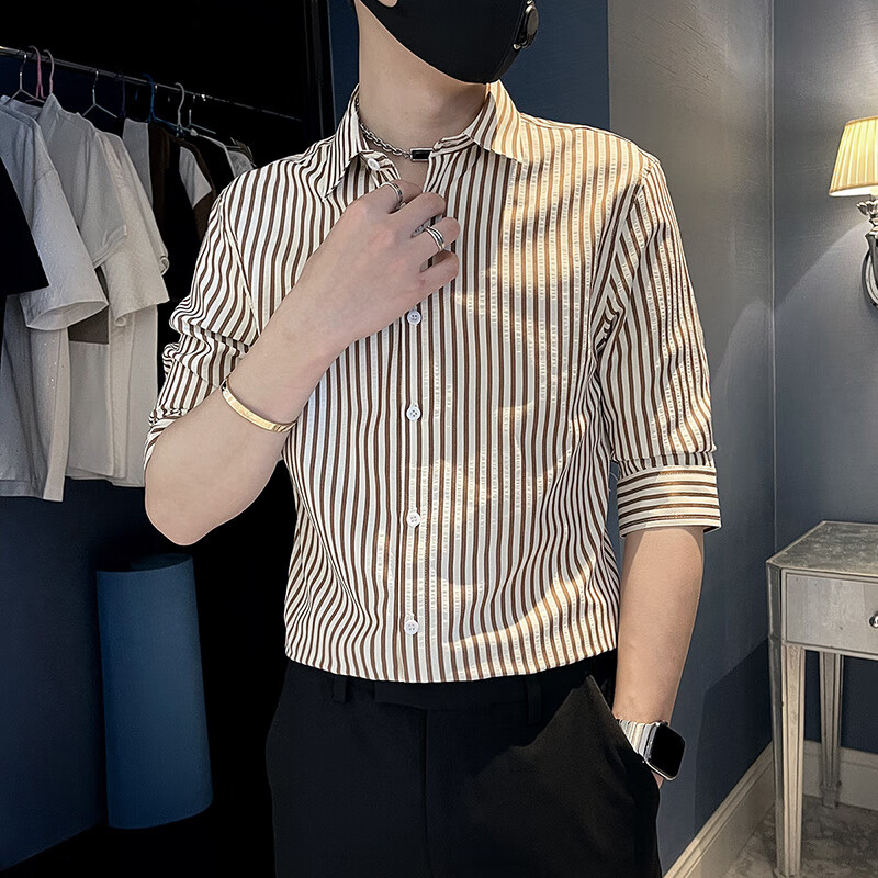 夏季男士衬衫修身中袖七分袖休闲发型师条纹衬衣百搭ins个性上衣 红条