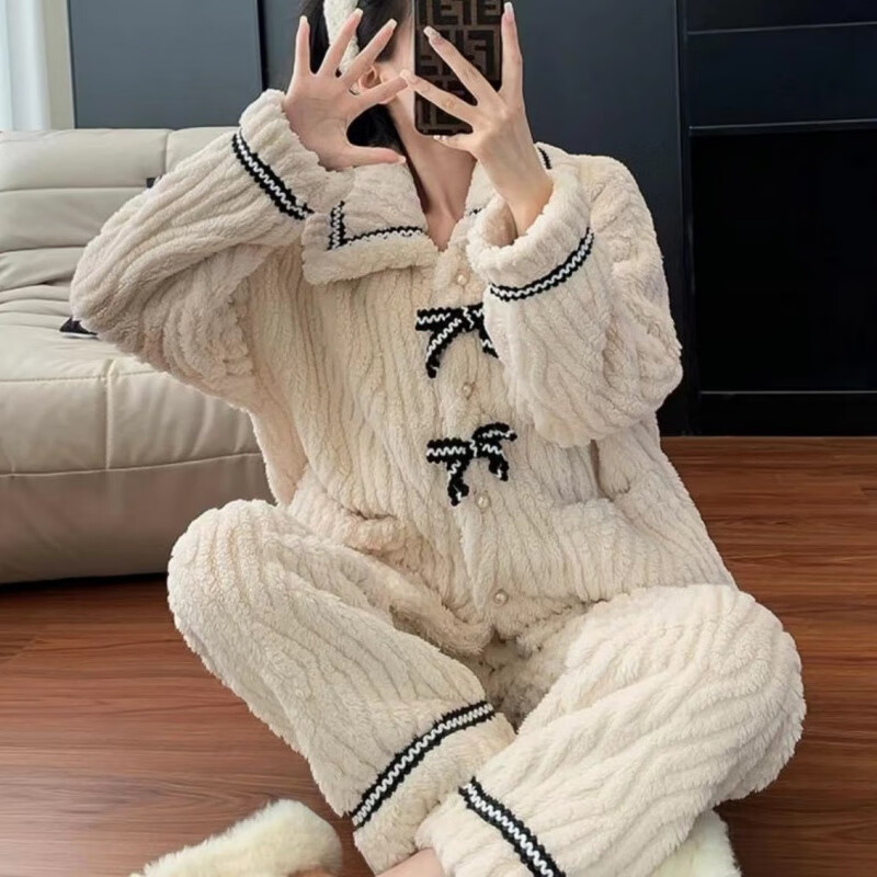 有只绵珊瑚绒家居服套装女居家仙女暖暖睡衣加绒加厚舒适保暖居家两件套 小香蝴蝶结 均码 【适合80-140斤】