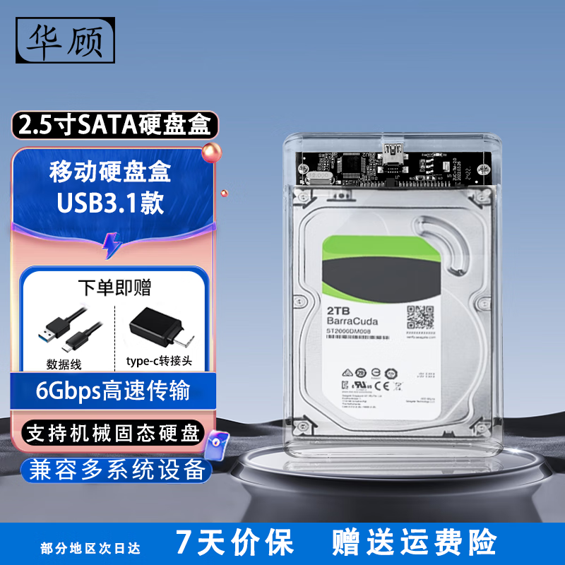 华顾移动硬盘盒2.5英寸USB3.0笔记本电脑SATA外置透明盒子固态机械ssd通用 USB3.1透明款[配数据线+转接头]