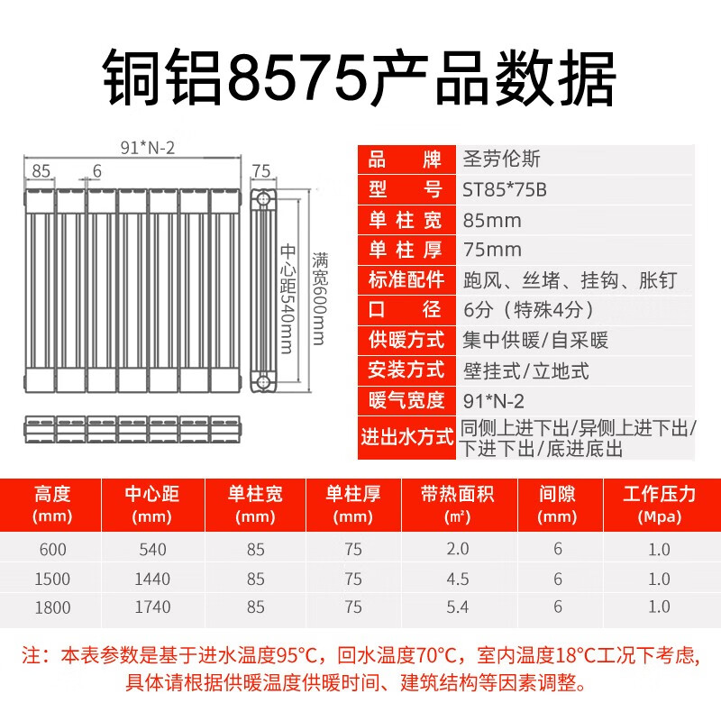 圣劳伦斯暖气片家用水暖地暖集中散热自采暖定制散热器铜铝复合材质 铜铝8575-1500mm高