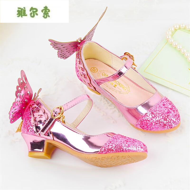 雅尔索儿童高跟鞋女公主7-12岁小孩鞋洋气软底网红鞋童皮鞋秋季 蝴蝶