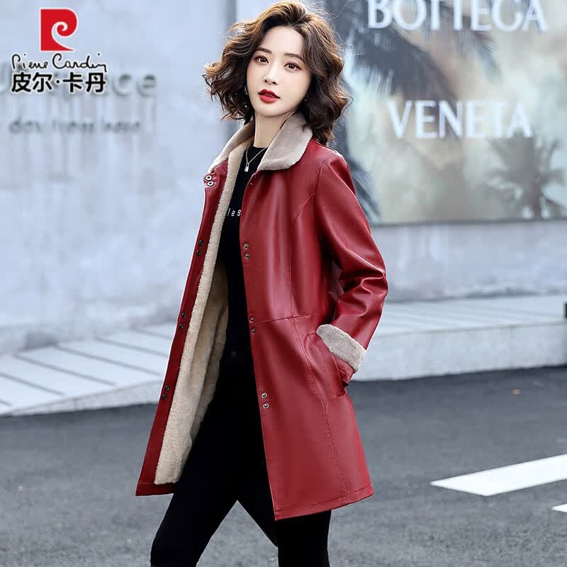 皮尔卡丹中长款皮衣女冬季2023新款韩版宽松加绒保暖皮毛一体休闲皮外套冬 红色 L怎么看?