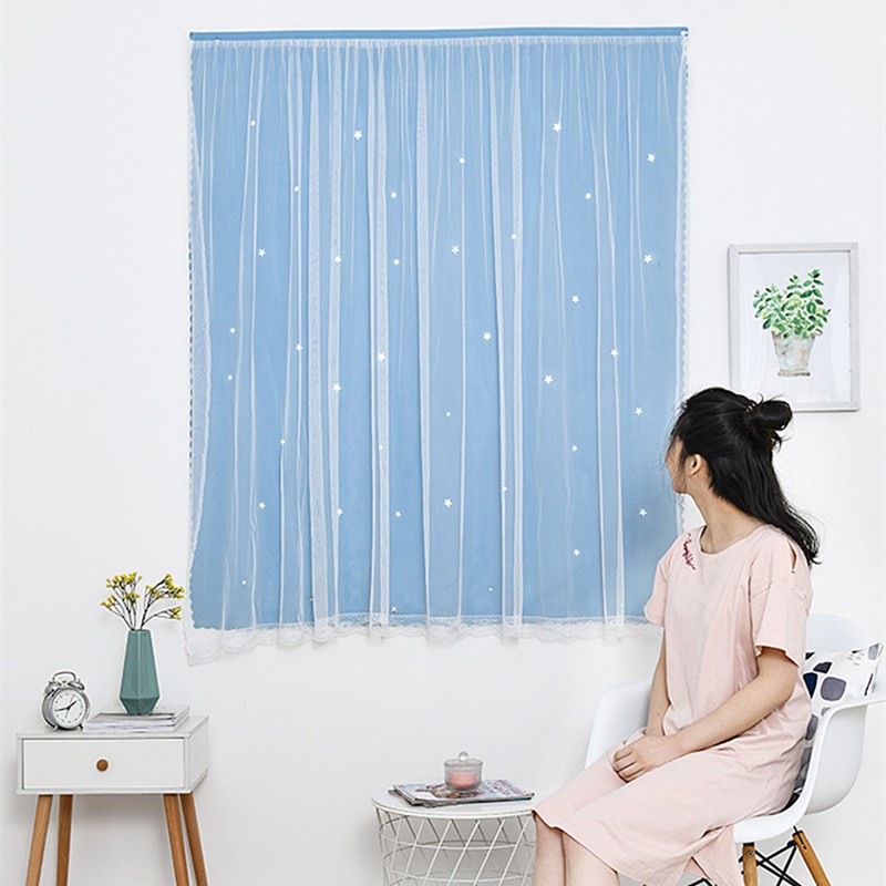 网红魔术贴自粘小窗帘免打孔安装卧室飘窗短帘出租房简易网红款星星全遮光布 浅蓝 宽0.9X高1.0