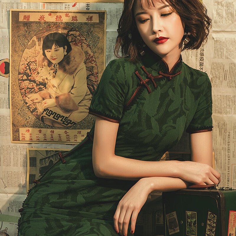 漫蒂薇高考旗袍妈妈旗开得胜走向辉煌改良夏季绿色短款老上海复古民国