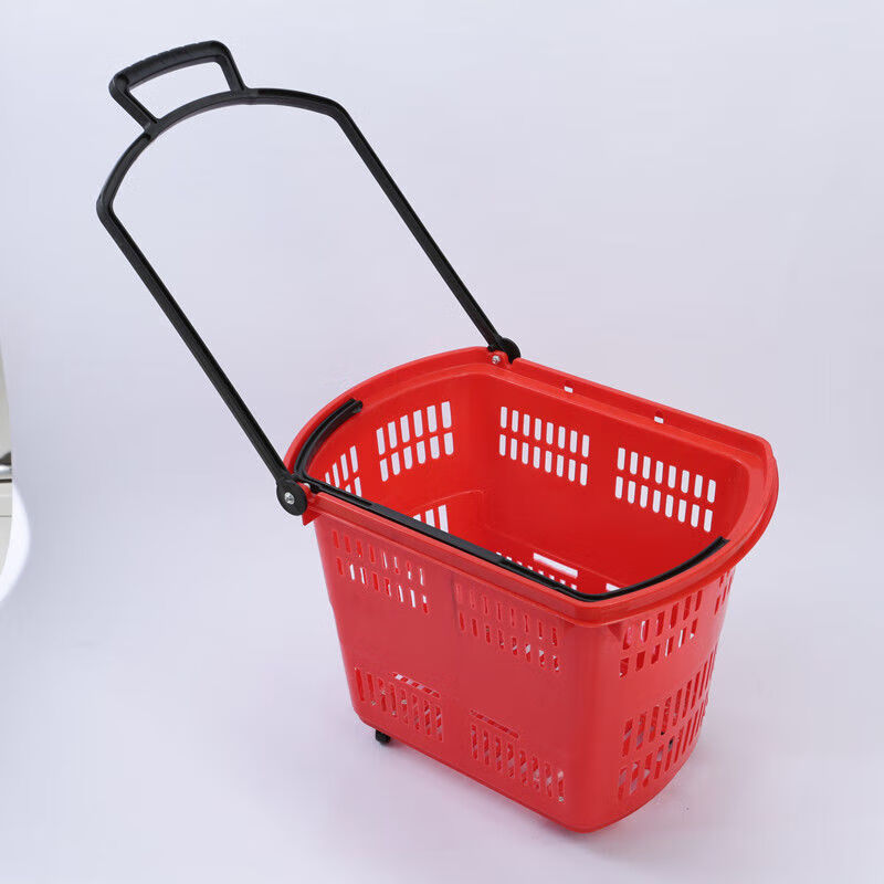 超市购物篮拉杆带轮商场购物篮子购物框手提篮购物筐塑料购物篮 红色 加厚长48厘米宽34厘米高35厘米