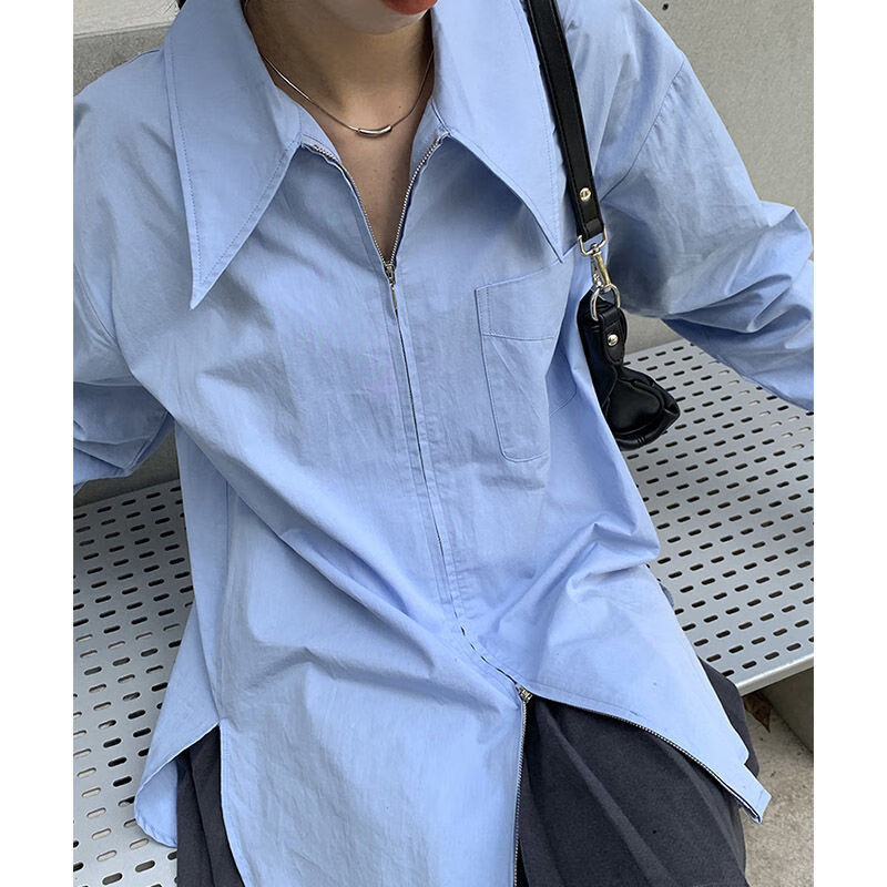 珍妮羊复古感蓝色衬衫女冷淡风设计感拉链衬衣小众简约宽松长袖上衣