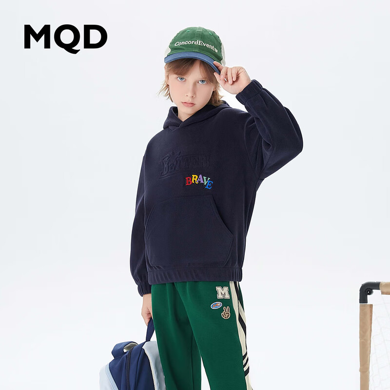 MQD童装男大童23冬基础百搭加绒学院风连帽卫衣 藏青 140