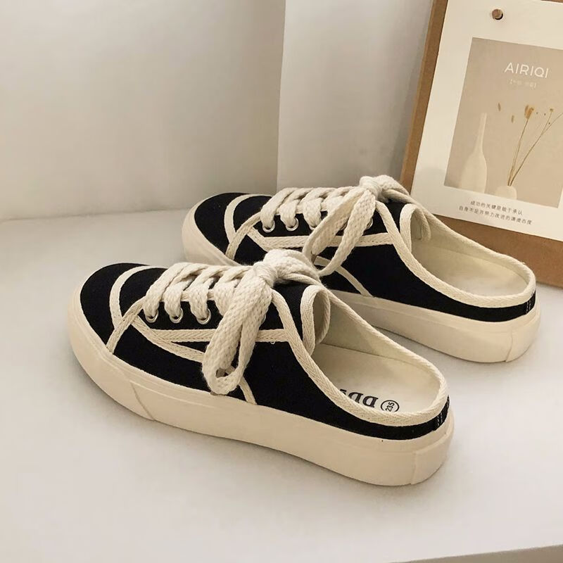 勒足无跟帆布鞋女半拖式女鞋半拖女无后跟半拖黑色帆布鞋女小黑鞋夏季
