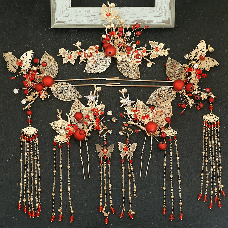 新娘皇冠头饰古装中式秀禾服头饰发饰套装复古凤冠龙凤褂古代头饰