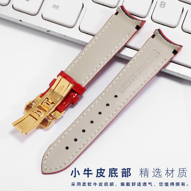 真皮手表带代用天梭表带1853库图T035表带女真皮表带配件T035210A牛皮手表链 酒红色--银扣 18mm