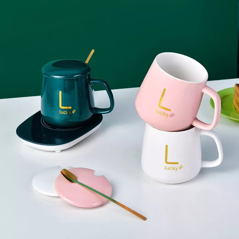 杯55°C度陶瓷马克杯带盖勺保温水杯家用办公暖暖杯牛奶咖啡杯 白色杯+垫+礼盒