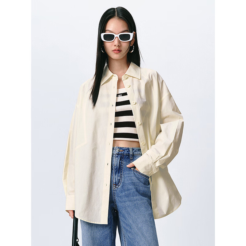 太平鸟女装年春季简约廓形衬衫女士宽松外穿式衬衣休闲上衣 米色 s