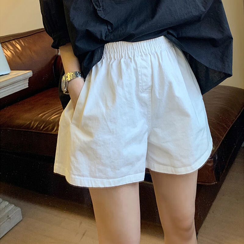UZSC白色休閑短褲女夏季薄款松緊腰寬松顯瘦外穿小個子字高腰闊腿褲 白色[日系慵懶墜感/設計感/小個 20 L [建議110-1斤]
