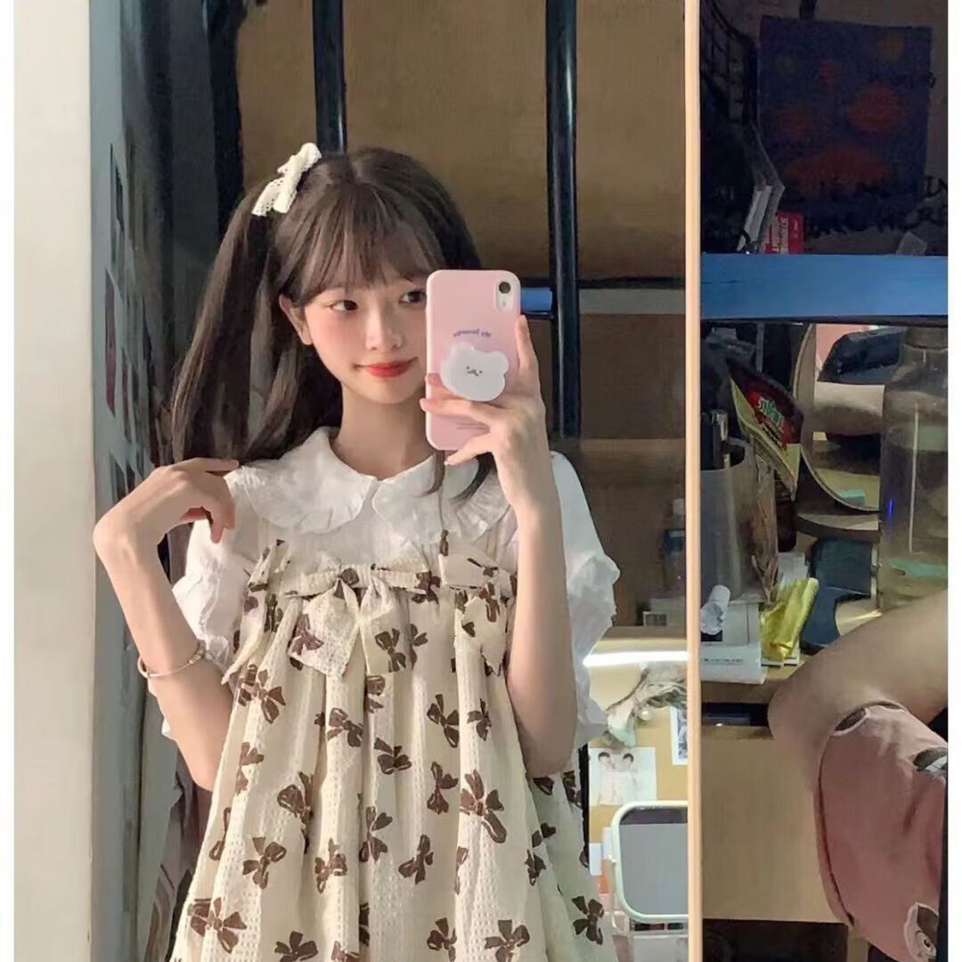 夹谷145小个子显高150cm矮个穿搭夏季甜美女显瘦短裙减龄泡泡袖两件套