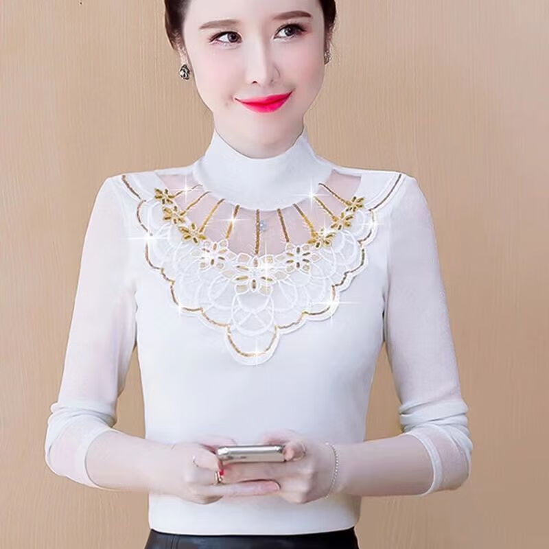 金彩潼星打底衫女网纱t恤秋冬款保暖蕾丝上衣【加绒款/薄款】秋冬季