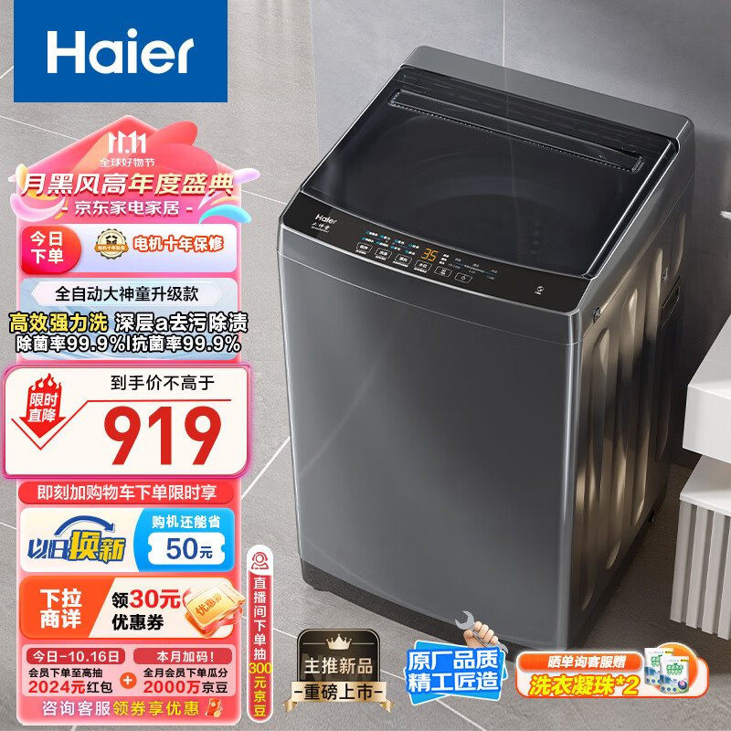 海尔（Haier）波轮洗衣机全自动家用 10公斤大容量 去渍洗 自编程 一体上盖 以旧换新 原厂品质EB100Z33Mate1