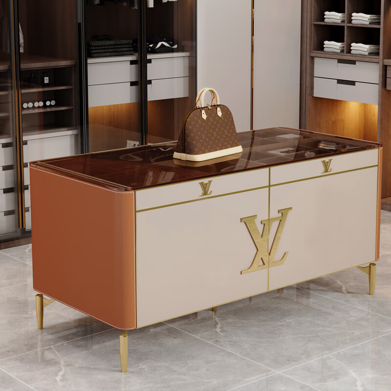 山头林村 广东佛山家具 轻奢衣帽间马鞍皮中岛柜现代家用首饰展示柜多