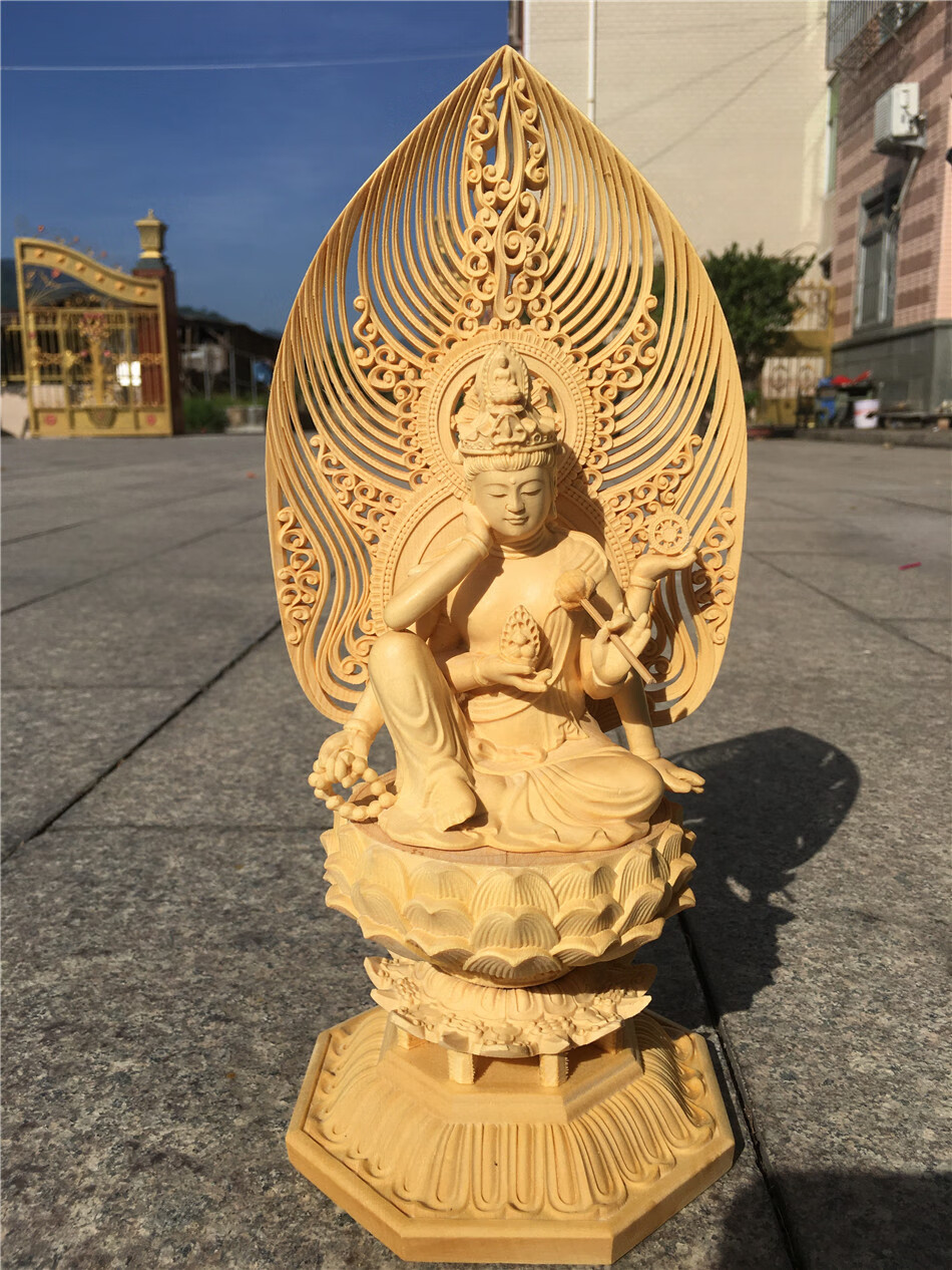 桧木木雕如意轮观音六臂观音实木雕刻工艺品家居供养佛像摆件 没有