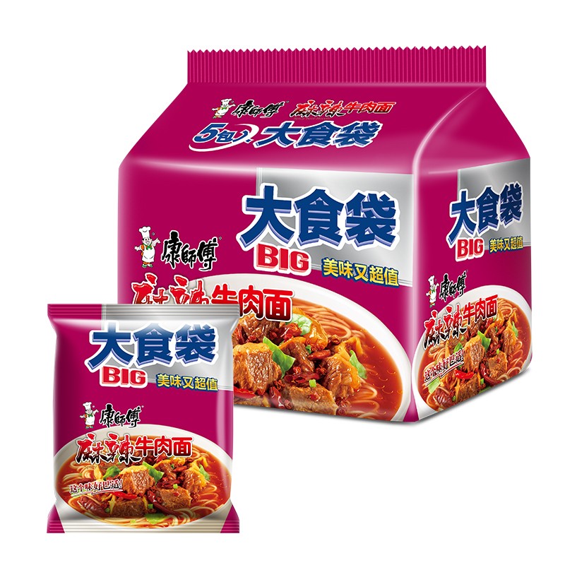 康师傅 方便面 大食袋速食泡面 麻辣牛肉面5连包