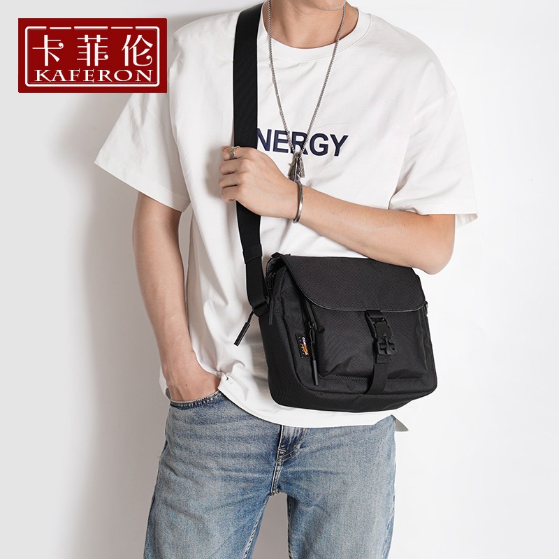 卡菲伦品牌男士斜挎包磁扣防盗尼龙单肩包ipad邮差方包休闲包包 黑色