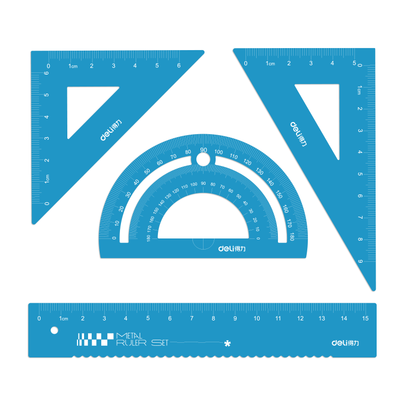 得力(deli)金属考试绘图套尺(直尺+三角尺*2+量角器) 中考高考文具小学生尺子套装 蓝色 VC115开学文具