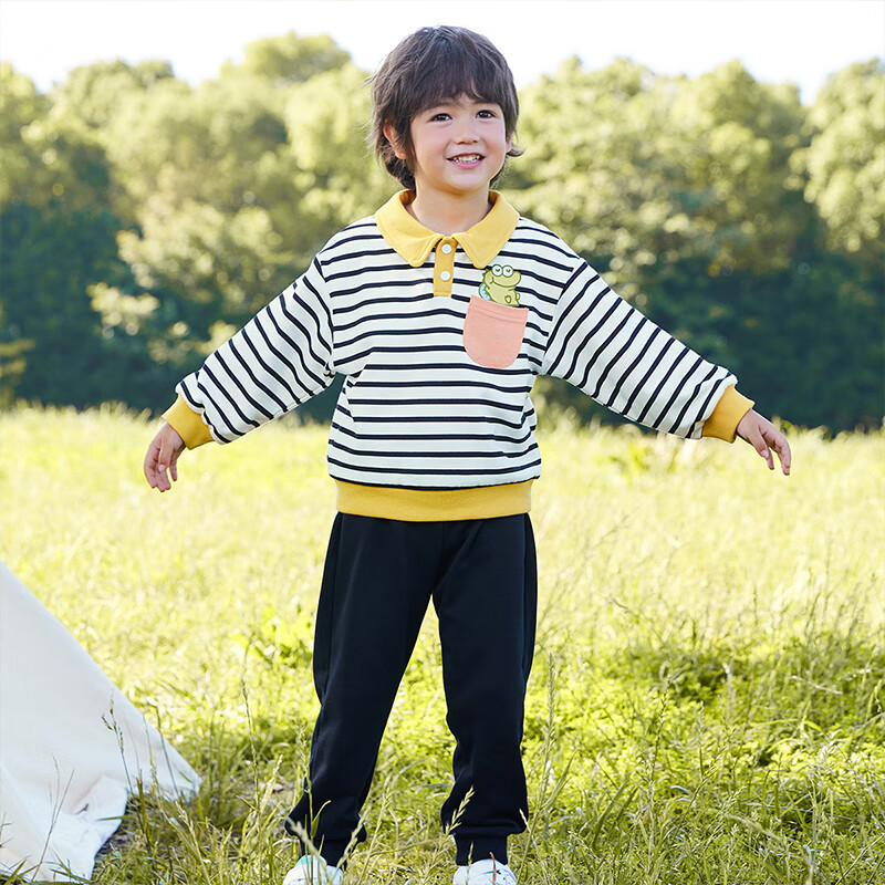 迷你木木屋儿童春秋季男童女童时尚潮流翻领条纹卫衣套装休闲运动风两件套 条纹青蛙 130 推荐身高119-128