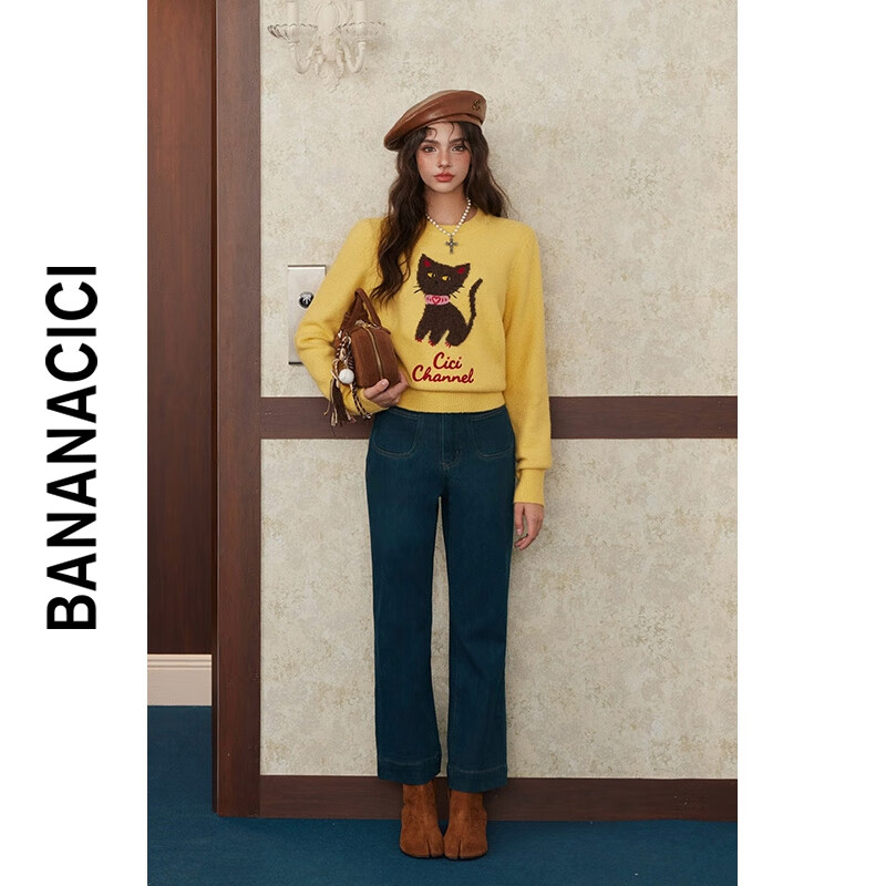 banana cici2024年冬季新款复古原创猫咪刺绣毛衣圆领套头针织衫C244MY209 黄色 L