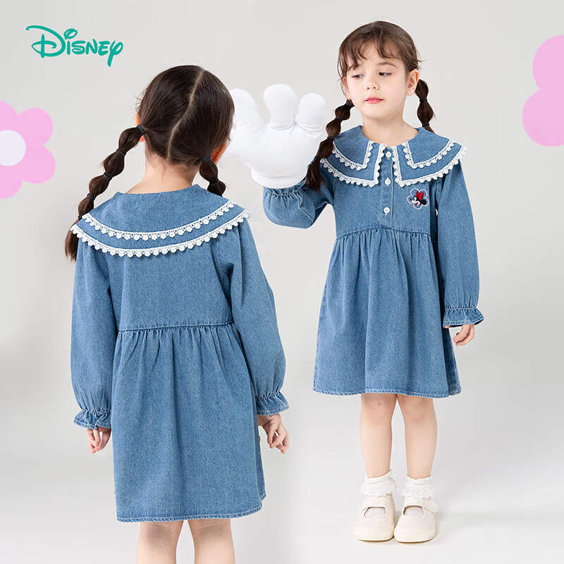 迪士尼（Disney）春秋女童长袖连衣裙卡通米妮牛仔裙A字裙百搭公主裙 牛仔蓝110cm