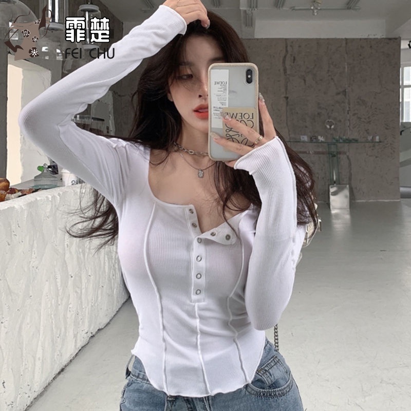 长袖t恤2022显胸大打底衫女低领设计感小众修身纯欲风辣妹上衣 白色 s