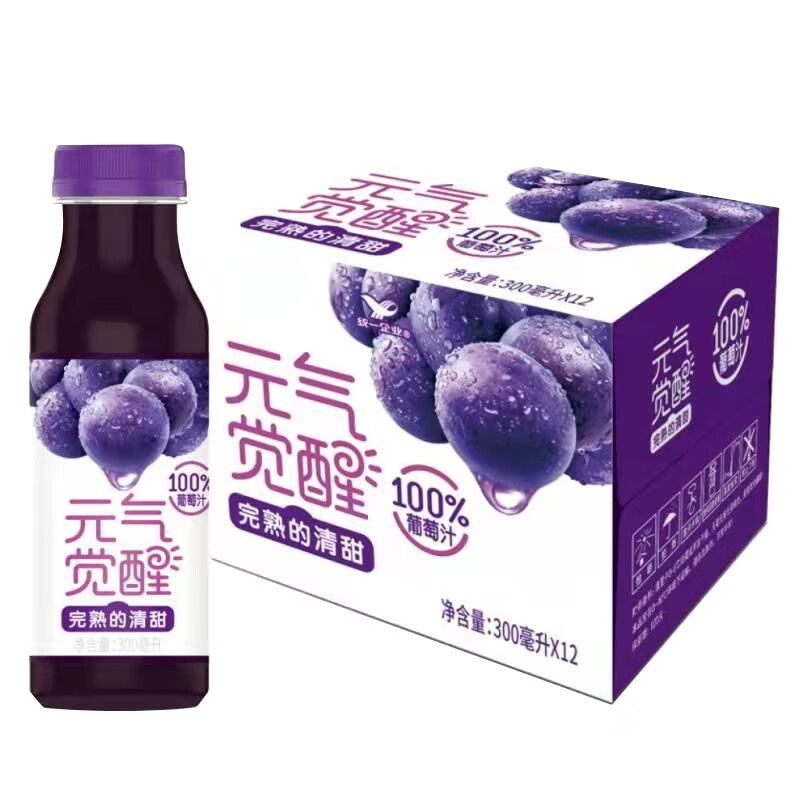 统一元气觉醒100%葡萄汁300ml整箱0脂果蔬汁饮料新鲜畅饮 300mL 6瓶 1箱 橙汁 新日期