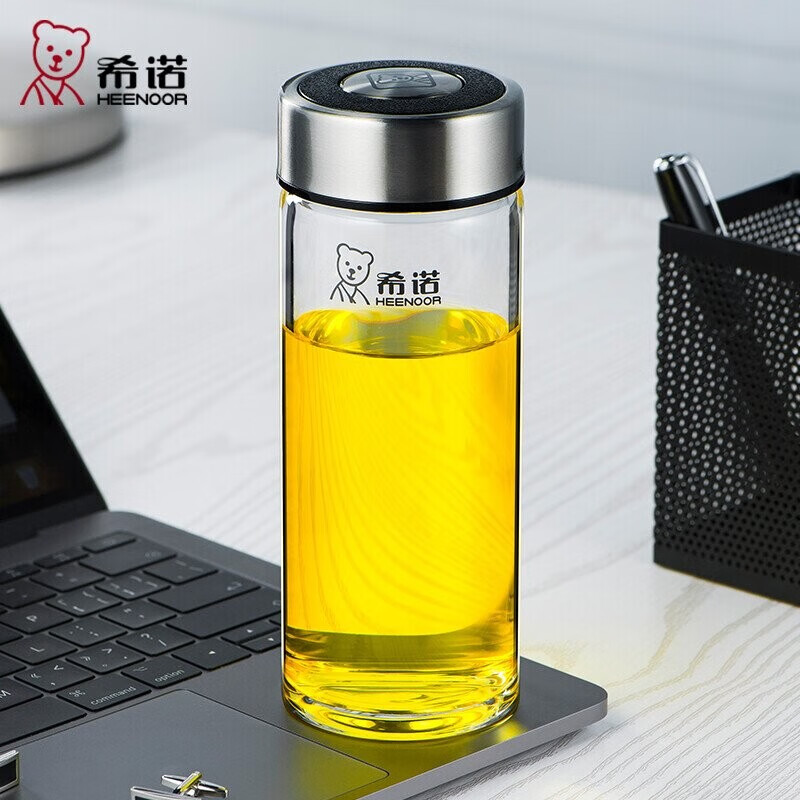 希诺（HEENOOR）玻璃杯男女士单层加厚大容量办公家用透明杯子便携带盖泡茶水杯 本色（带滤网） 530ml