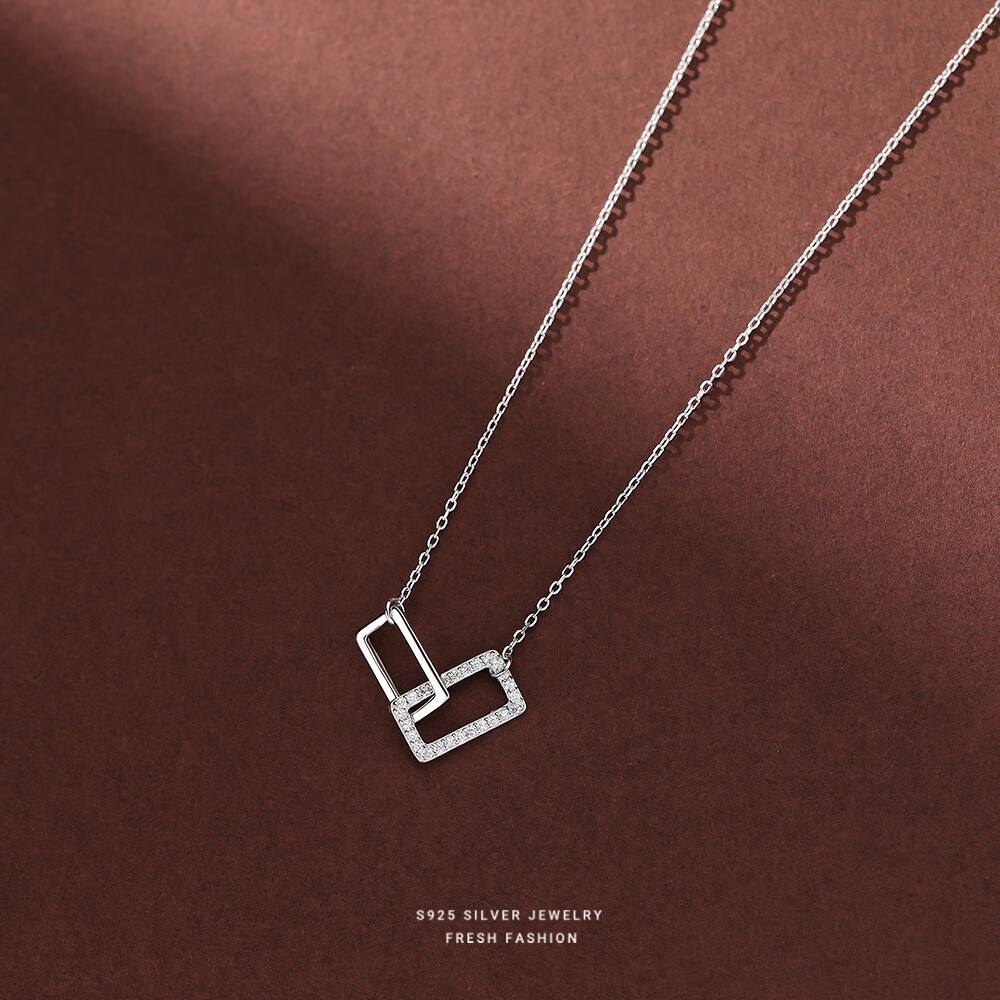 周大古s925银镶钻双回形针项链女生轻奢简约优雅气质百搭吊坠锁骨链