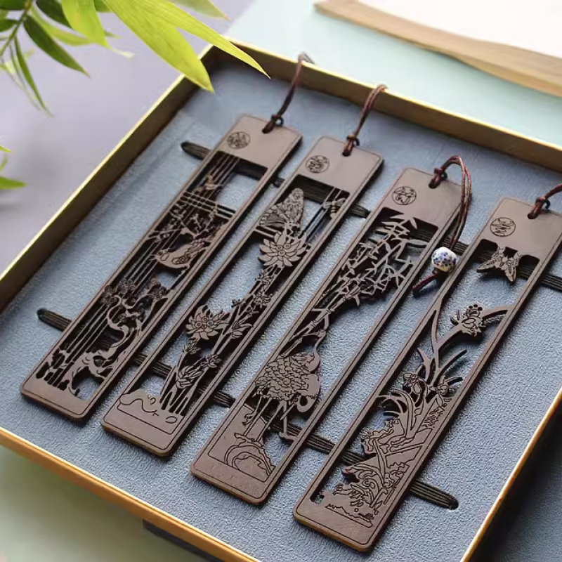 梅蘭竹菊檀木質(zhì)書簽中國古典創(chuàng)意文藝禮品商務配禮學生教師節(jié) 4枚裝 禮盒裝