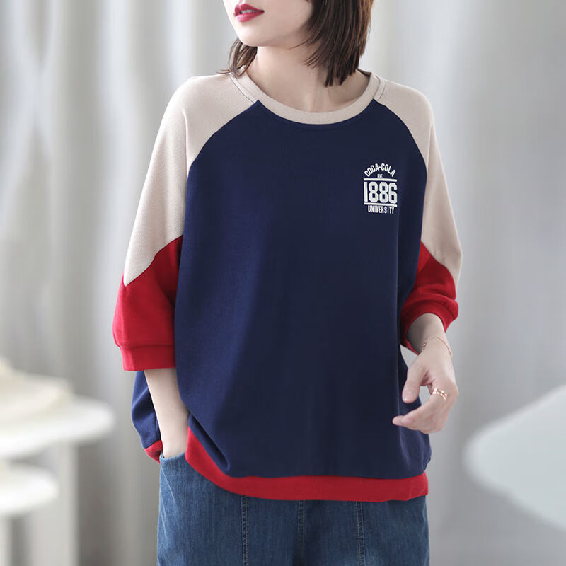 vfkz杭州四季青女装春装短袖t恤女夏装宽松复古圆领新款文艺休 藏青色