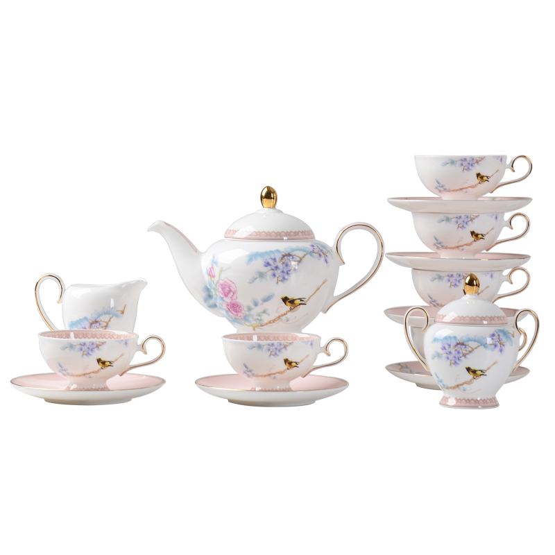 華光國瓷 歐式茶具咖啡具套裝 英式骨瓷咖啡杯套裝 富貴牡丹 順豐發(fā)貨 13頭 富貴牡丹茶咖具粉金