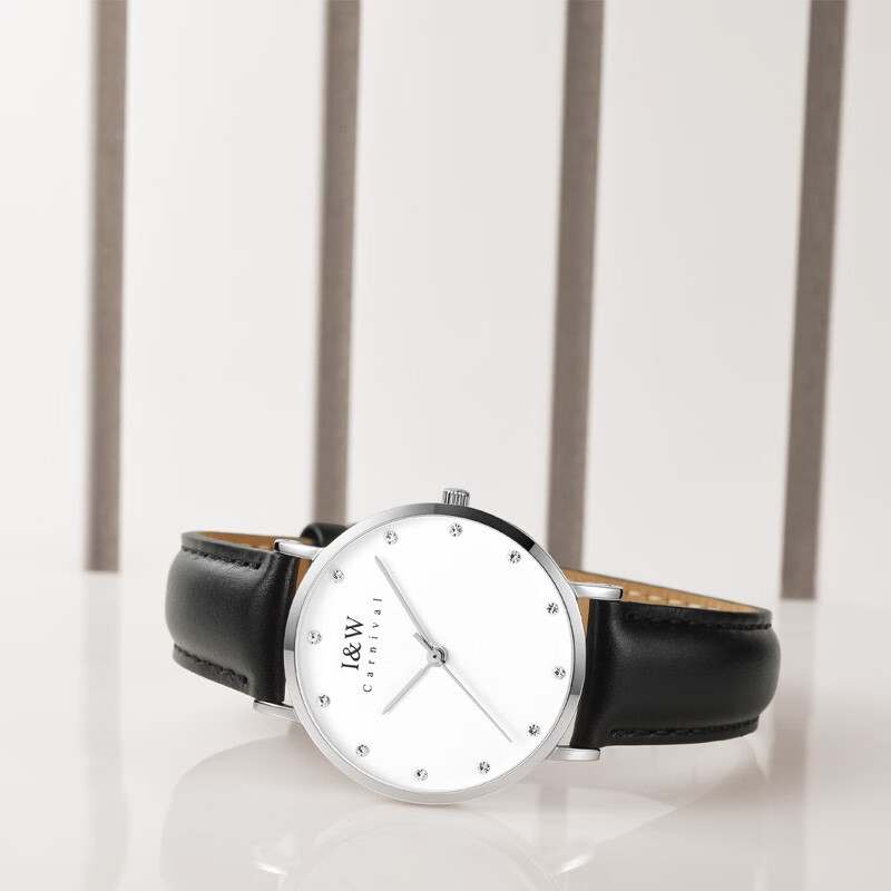 爱沃驰瑞士钻钉刻度纤薄32mm时尚防水石英手表女士表七夕生日礼物送女友 银壳白面|黑皮带