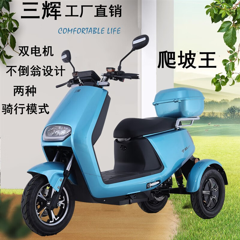 天下行三辉新款电动三轮车高速外卖电瓶车72v接送孩子不倒翁爬坡王 双