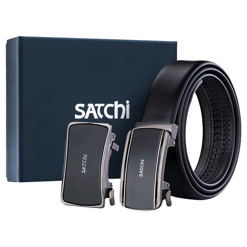 沙驰（SATCHI）男士皮带商务奢侈自动扣真皮腰带双扣头礼盒送男友送长辈裤带105