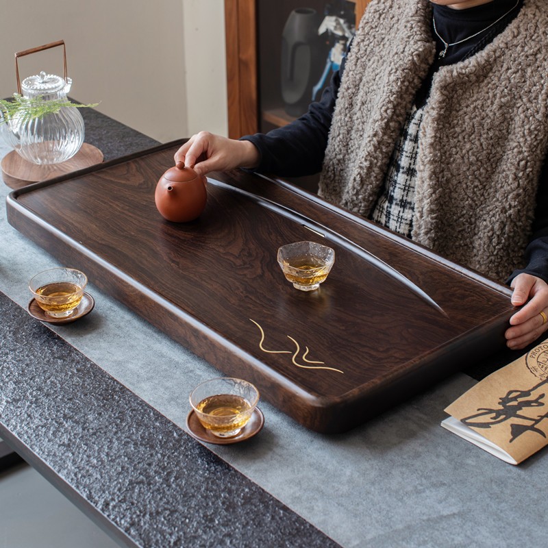 整块黑檀实木功夫茶盘茶具 红木茶盘实木茶台家用排水茶托盘 山涧5530