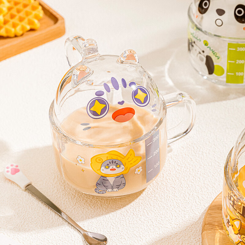 乐唯诗（LOVWISH）卡通玻璃早餐杯牛奶麦片饮料水杯一盖两用 熊猫【水杯350ml+杯盖150ML】