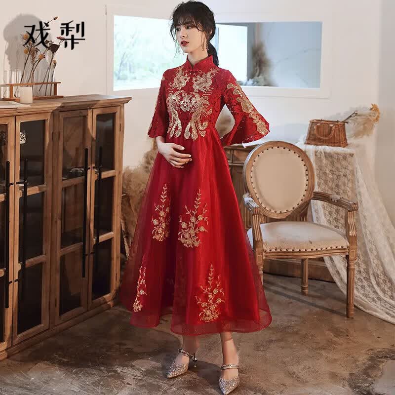戏梨孕妇敬酒服新娘遮肚子2023新款中式结婚礼服大码胖红色回门服女 长款酒红色高腰敬酒服 M属于什么档次？