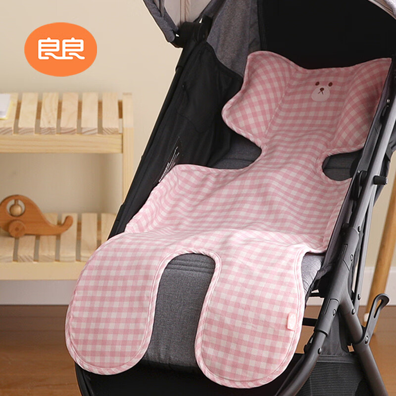 良良婴儿推车凉席苎麻新生儿坐垫儿童宝宝餐椅凉垫粉格小熊80*40CM