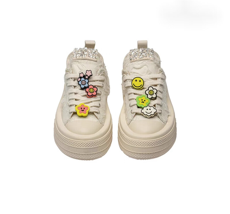 知留帆布鞋foreshadow粗花呢diy笑脸花朵挂饰厚底低帮运动休闲板鞋
