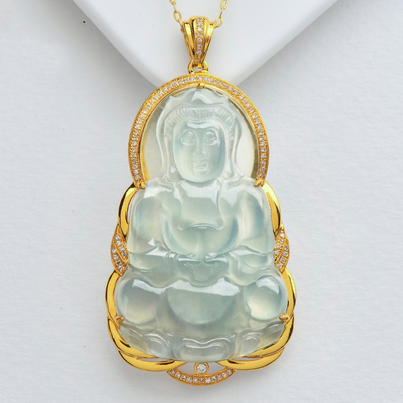 珠玥珠宝 翡翠吊坠男玉观音挂坠冰种坐莲观音黄18k金镶自戴送礼