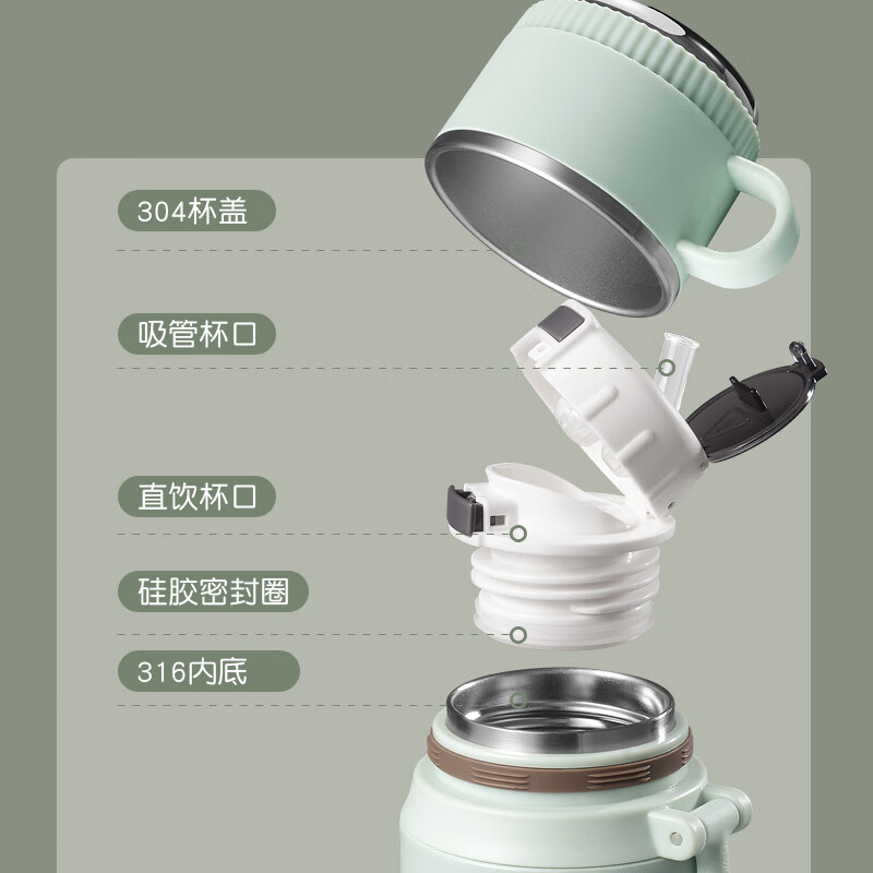 鼎珈派德国316不锈钢保温杯高颜值水杯学生2024新款大容量便携吸管杯子 果绿色 三饮保温杯 550ml