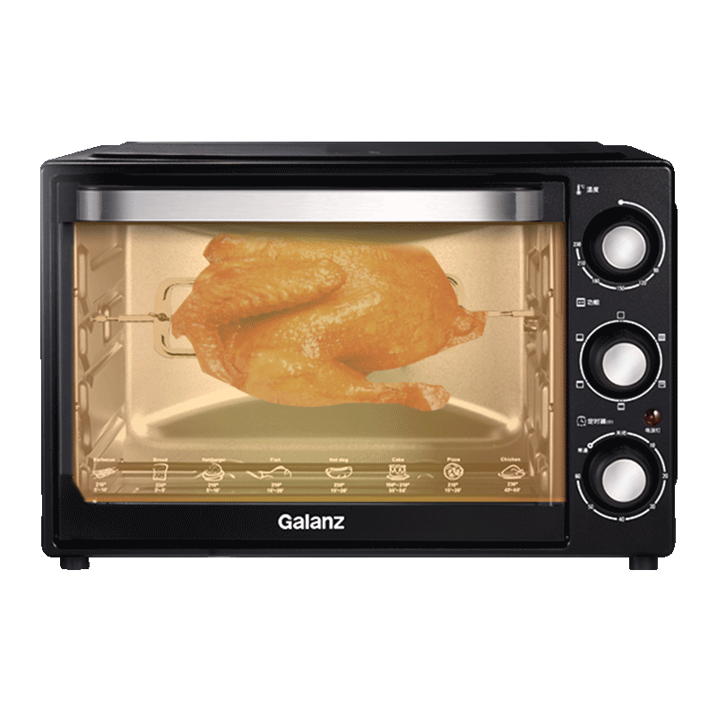 家用电烤箱下拉门32l大容量发热管多层烘焙旋转烤叉烤箱自动翻面