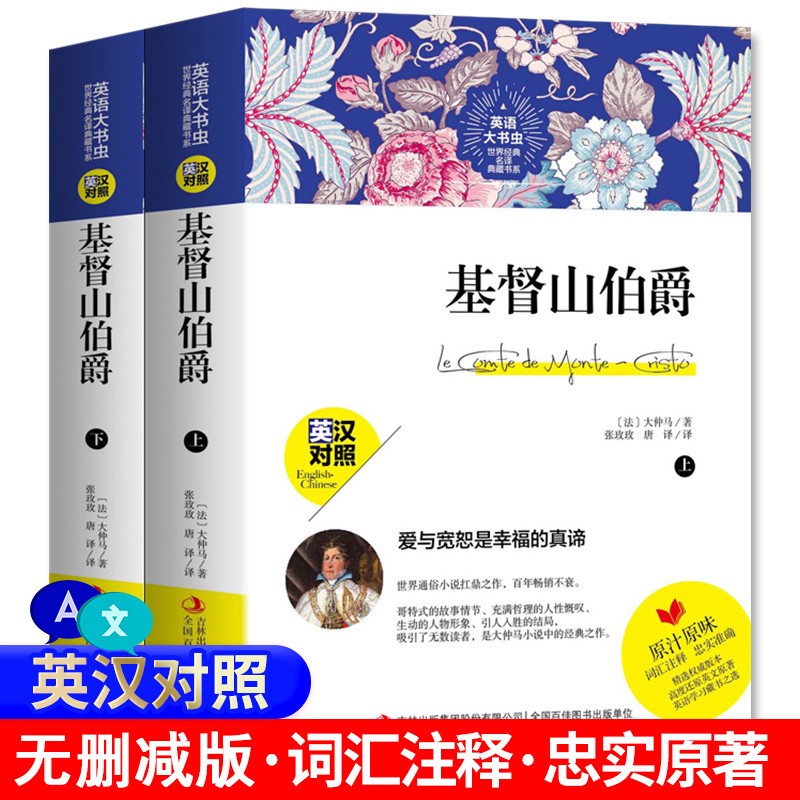 基督山伯爵上下册双语版书籍 中英英汉对照中英文双语世界名著中文版英文版读名著学英语原味英语英语大书虫