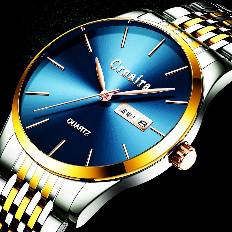 卡奈亚(crnaira)商务男表双日历简约防水钢带男士手表多功能日历星期