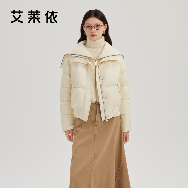 艾莱依（ERAL）羽绒服女新款假两件翻领短装针织拼接保暖鸭绒冬季外套 椰奶米-升级款 M 160【建议110-130斤】