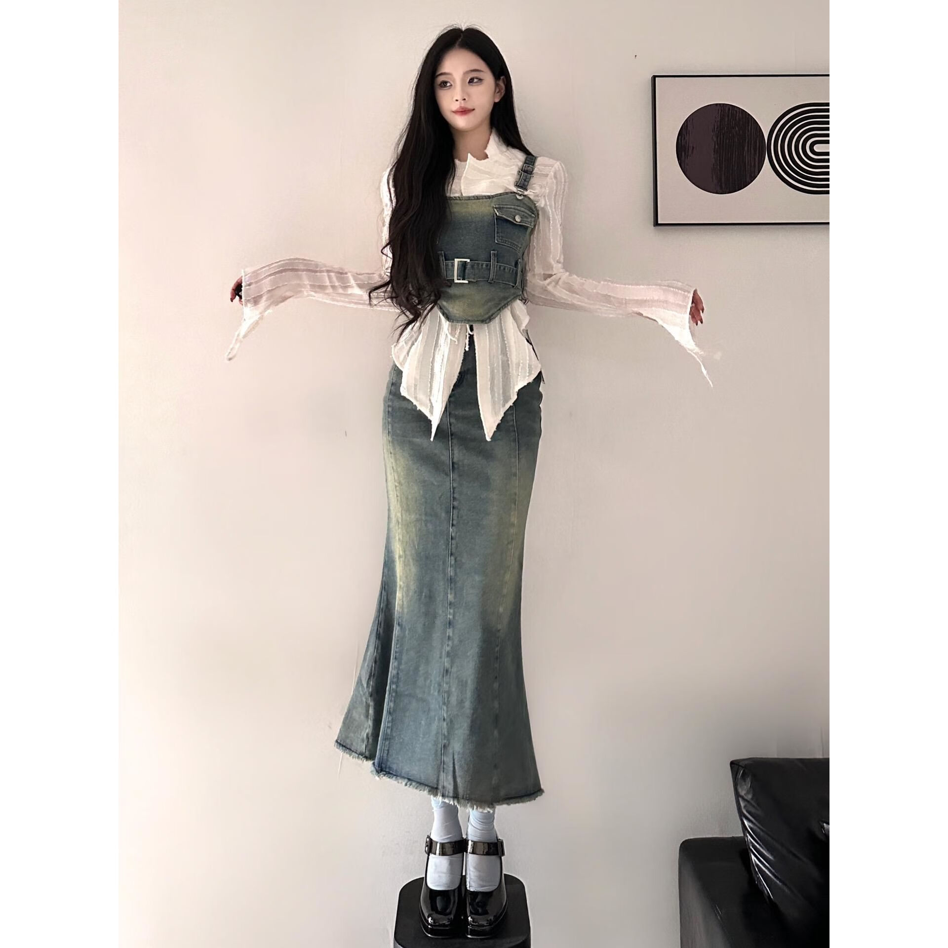 wait await牛仔套装女中性风穿搭酷帅雅痞别致独特吊带衬衫高腰显瘦